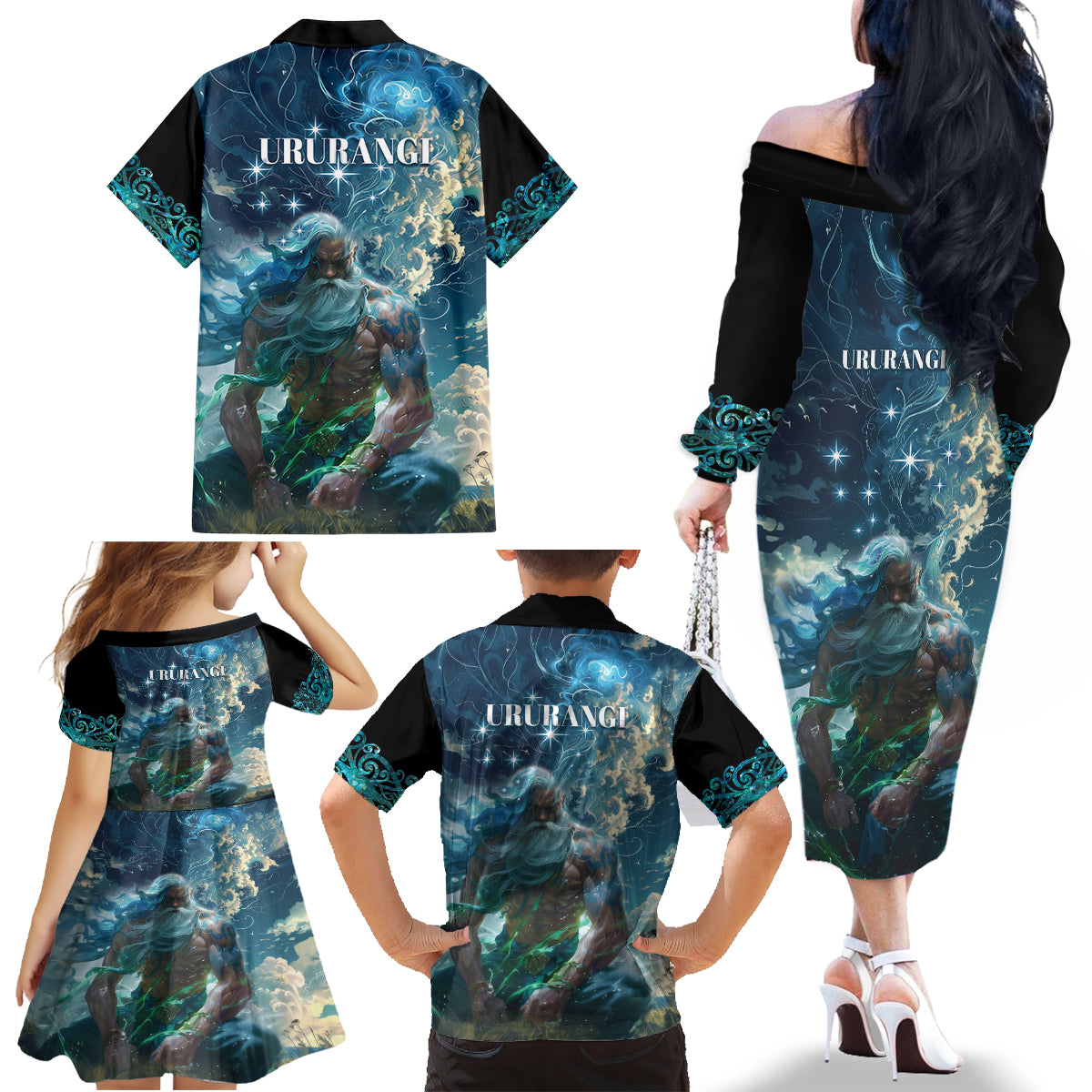 New Zealand Matariki Ururangi Family Matching Off The Shoulder Long Sleeve Dress and Hawaiian Shirt The Murmur Of The Wind LT9 - Polynesian Pride
