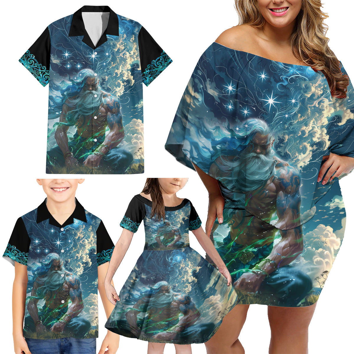 New Zealand Matariki Ururangi Family Matching Off Shoulder Short Dress and Hawaiian Shirt The Murmur Of The Wind LT9 - Polynesian Pride
