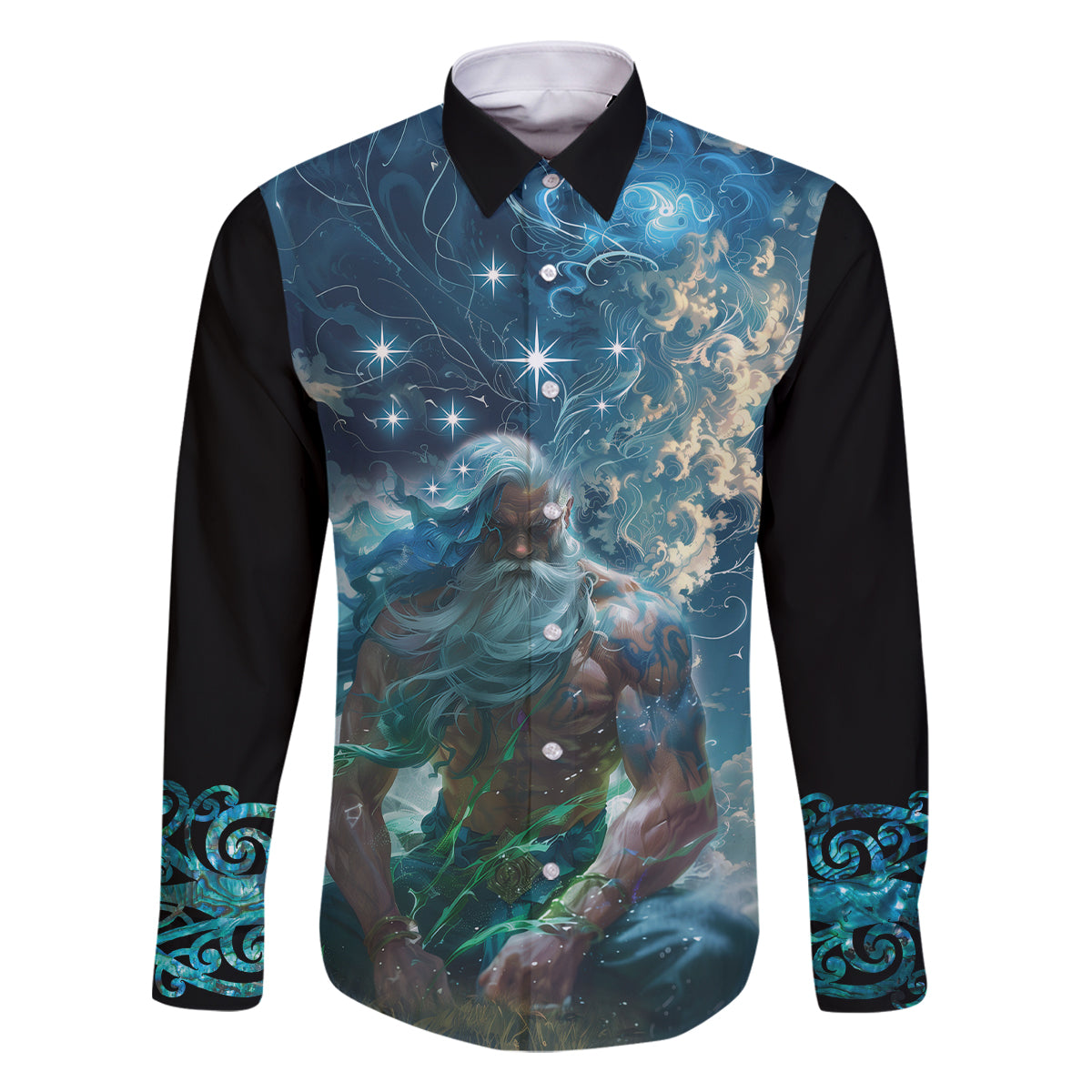 New Zealand Matariki Ururangi Family Matching Off Shoulder Short Dress and Hawaiian Shirt The Murmur Of The Wind LT9 Dad's Shirt - Long Sleeve Black - Polynesian Pride