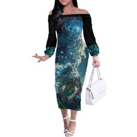 New Zealand Matariki Ururangi Off The Shoulder Long Sleeve Dress The Murmur Of The Wind LT9 Women Black - Polynesian Pride