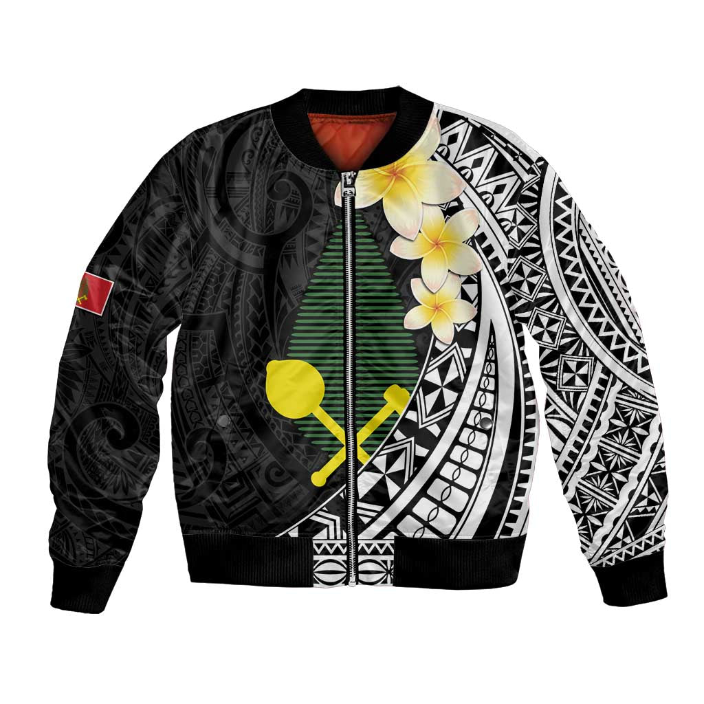 Alo Chiefdom Wallis and Futuna Personalized Bomber Jacket Frangipani Flowers Polynesian Pattern LT9 Unisex Black - Polynesian Pride