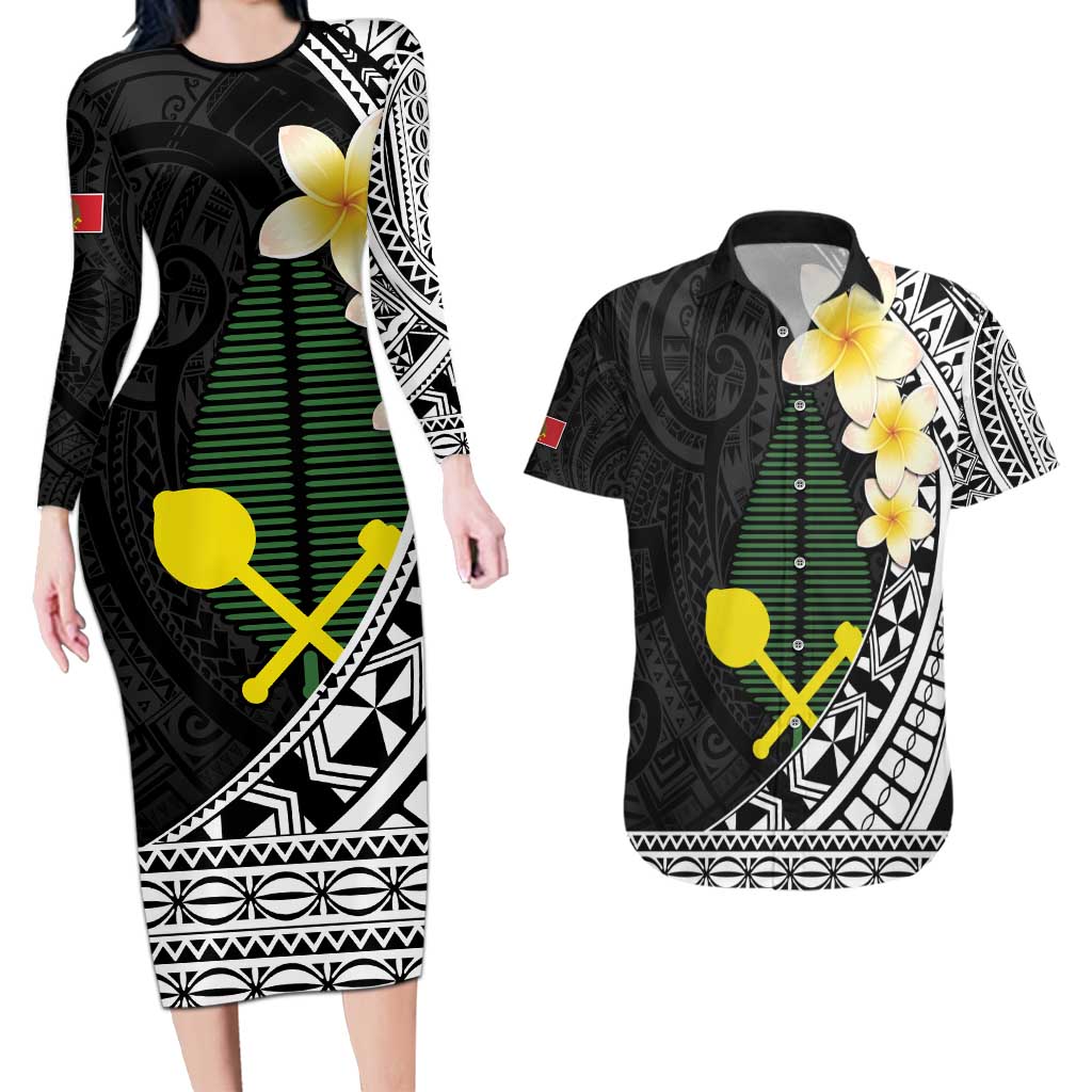 Alo Chiefdom Wallis and Futuna Personalized Couples Matching Long Sleeve Bodycon Dress and Hawaiian Shirt Frangipani Flowers Polynesian Pattern LT9 Black - Polynesian Pride
