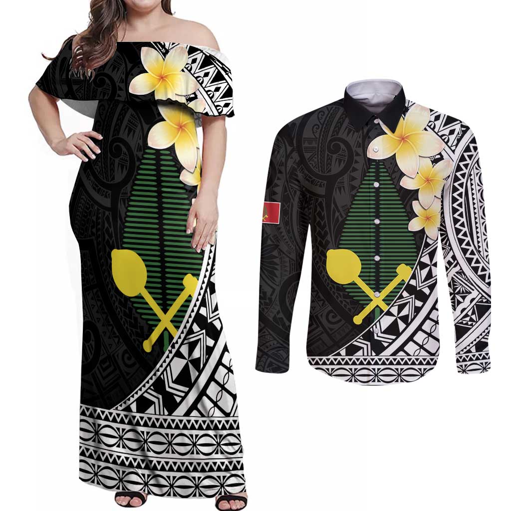 Alo Chiefdom Wallis and Futuna Personalized Couples Matching Off Shoulder Maxi Dress and Long Sleeve Button Shirt Frangipani Flowers Polynesian Pattern LT9 Black - Polynesian Pride