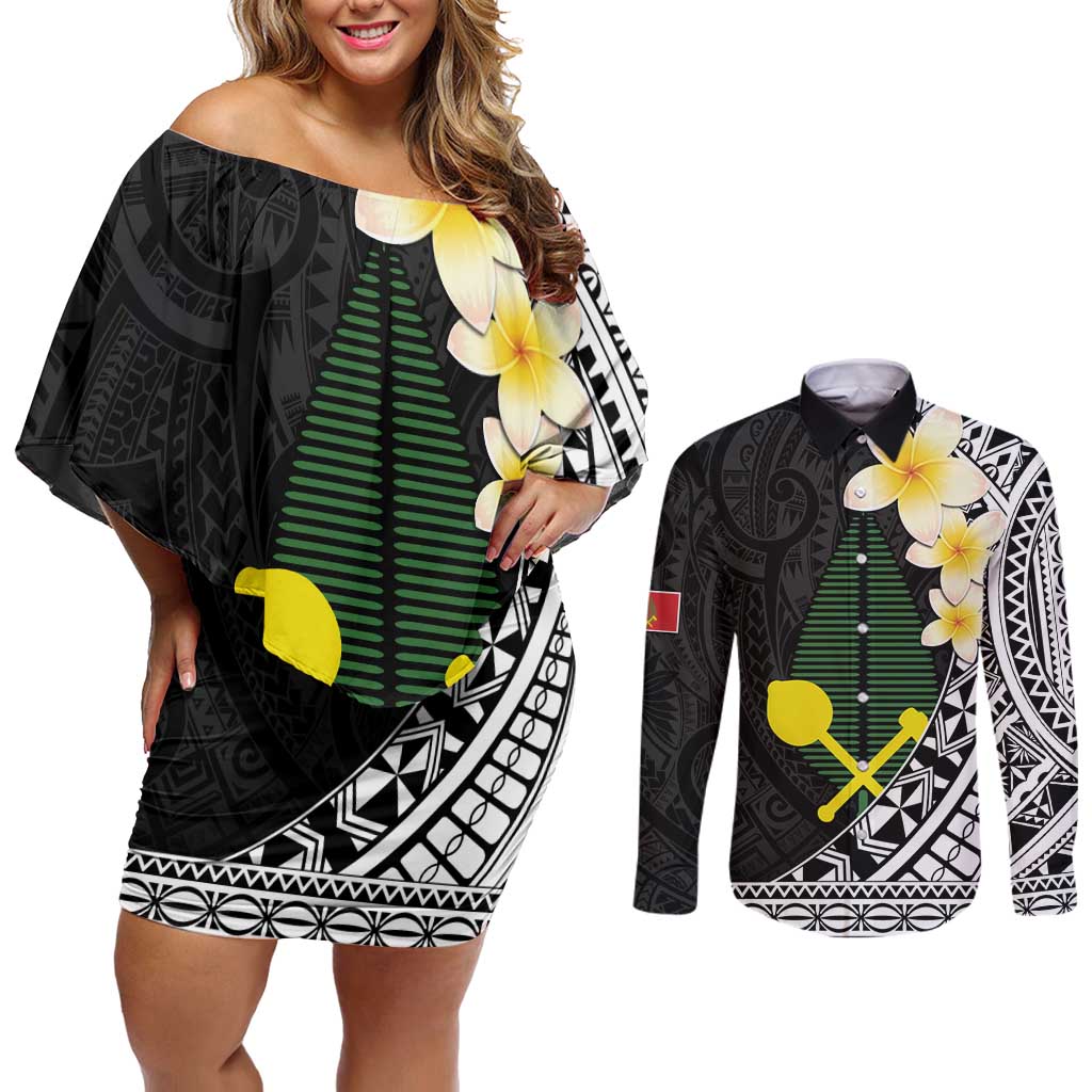 Alo Chiefdom Wallis and Futuna Personalized Couples Matching Off Shoulder Short Dress and Long Sleeve Button Shirt Frangipani Flowers Polynesian Pattern LT9 Black - Polynesian Pride