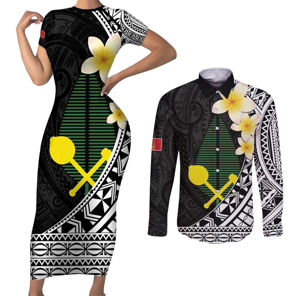 Alo Chiefdom Wallis and Futuna Personalized Couples Matching Short Sleeve Bodycon Dress and Long Sleeve Button Shirt Frangipani Flowers Polynesian Pattern LT9 Black - Polynesian Pride