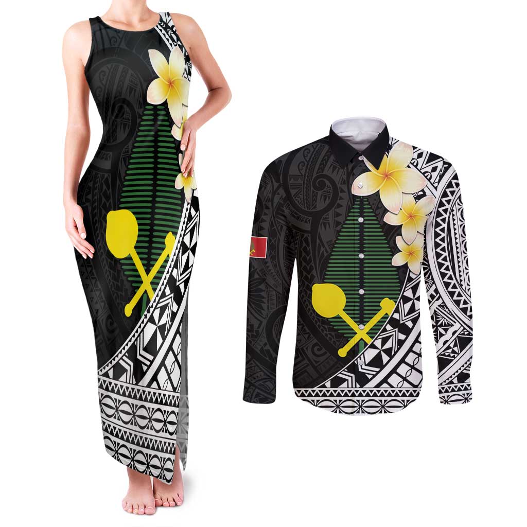 Alo Chiefdom Wallis and Futuna Personalized Couples Matching Tank Maxi Dress and Long Sleeve Button Shirt Frangipani Flowers Polynesian Pattern LT9 Black - Polynesian Pride