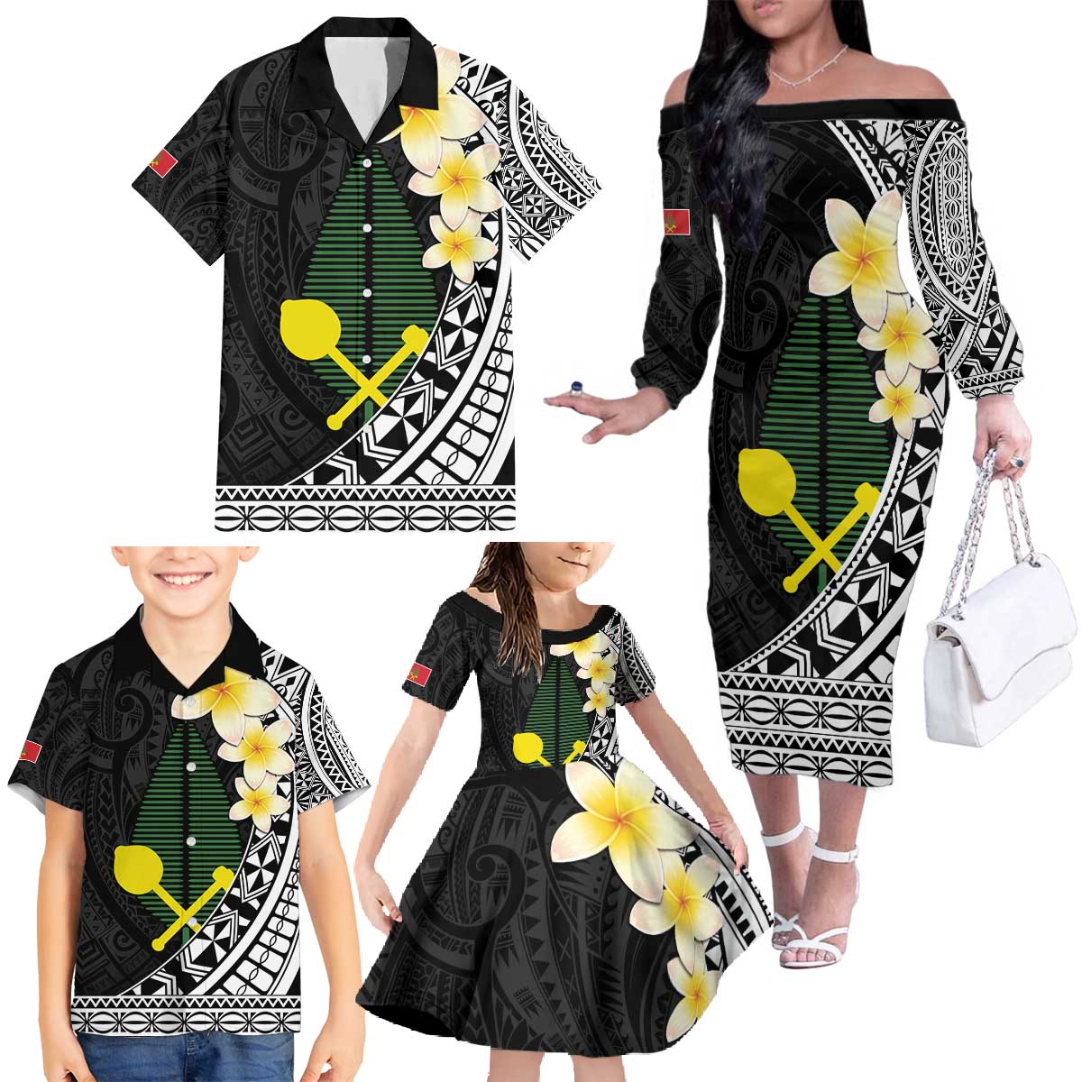 Alo Chiefdom Wallis and Futuna Personalized Family Matching Off The Shoulder Long Sleeve Dress and Hawaiian Shirt Frangipani Flowers Polynesian Pattern LT9 - Polynesian Pride