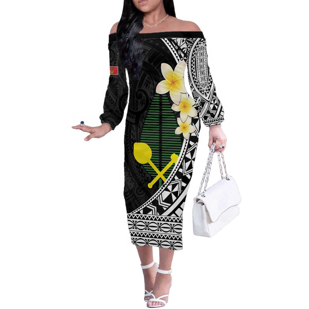 Alo Chiefdom Wallis and Futuna Personalized Family Matching Off The Shoulder Long Sleeve Dress and Hawaiian Shirt Frangipani Flowers Polynesian Pattern LT9 Mom's Dress Black - Polynesian Pride