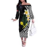 Alo Chiefdom Wallis and Futuna Personalized Family Matching Off The Shoulder Long Sleeve Dress and Hawaiian Shirt Frangipani Flowers Polynesian Pattern LT9 Mom's Dress Black - Polynesian Pride