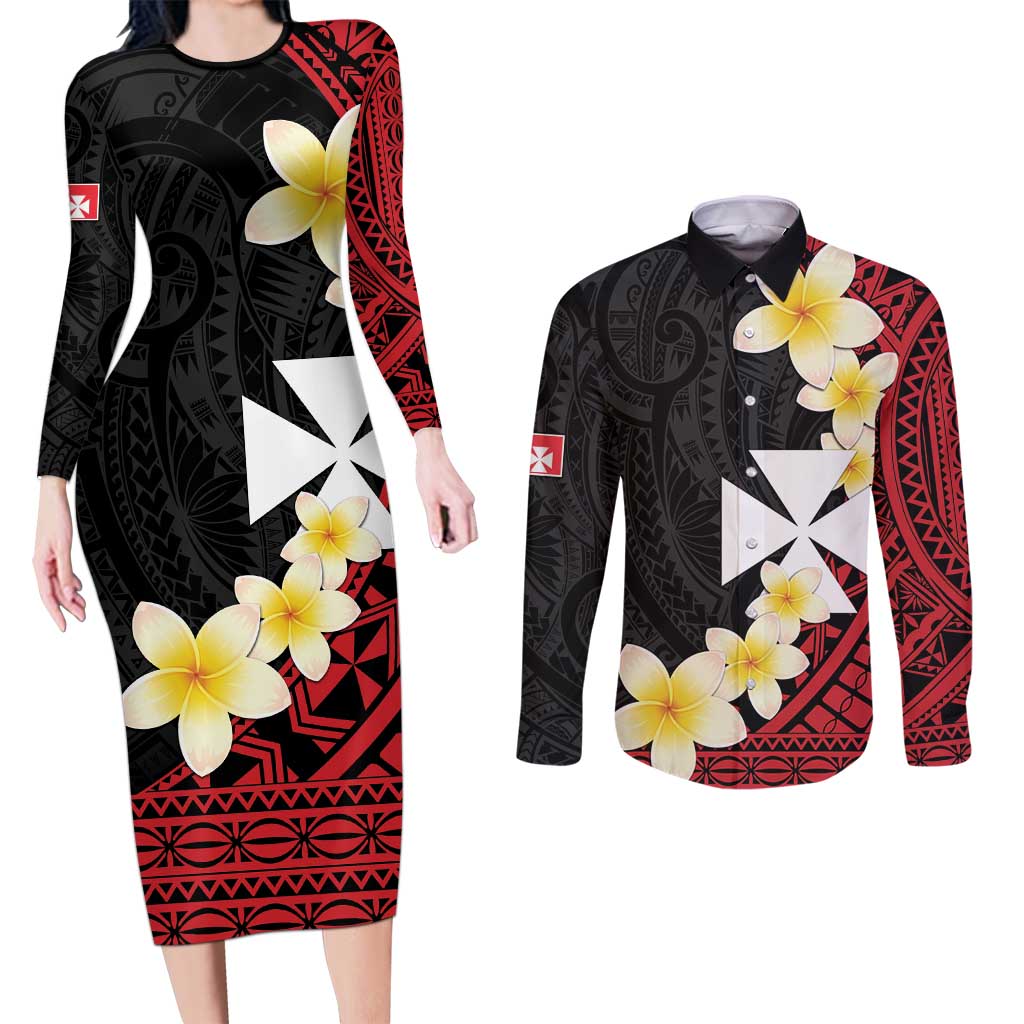 Uvea Chiefdom Wallis and Futuna Personalized Couples Matching Long Sleeve Bodycon Dress and Long Sleeve Button Shirt Frangipani Flowers Polynesian Pattern LT9 Red - Polynesian Pride