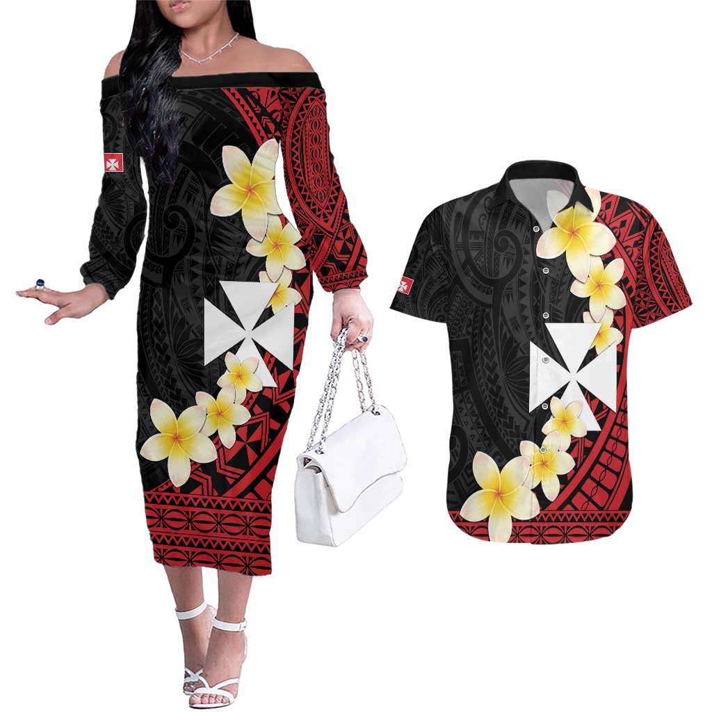 Uvea Chiefdom Wallis and Futuna Personalized Couples Matching Off The Shoulder Long Sleeve Dress and Hawaiian Shirt Frangipani Flowers Polynesian Pattern LT9 Red - Polynesian Pride