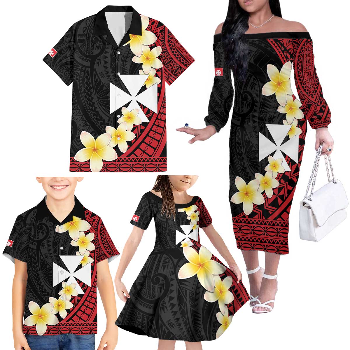 Uvea Chiefdom Wallis and Futuna Personalized Family Matching Off The Shoulder Long Sleeve Dress and Hawaiian Shirt Frangipani Flowers Polynesian Pattern LT9 - Polynesian Pride