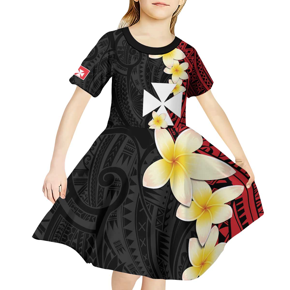 Uvea Chiefdom Wallis and Futuna Personalized Kid Short Sleeve Dress Frangipani Flowers Polynesian Pattern