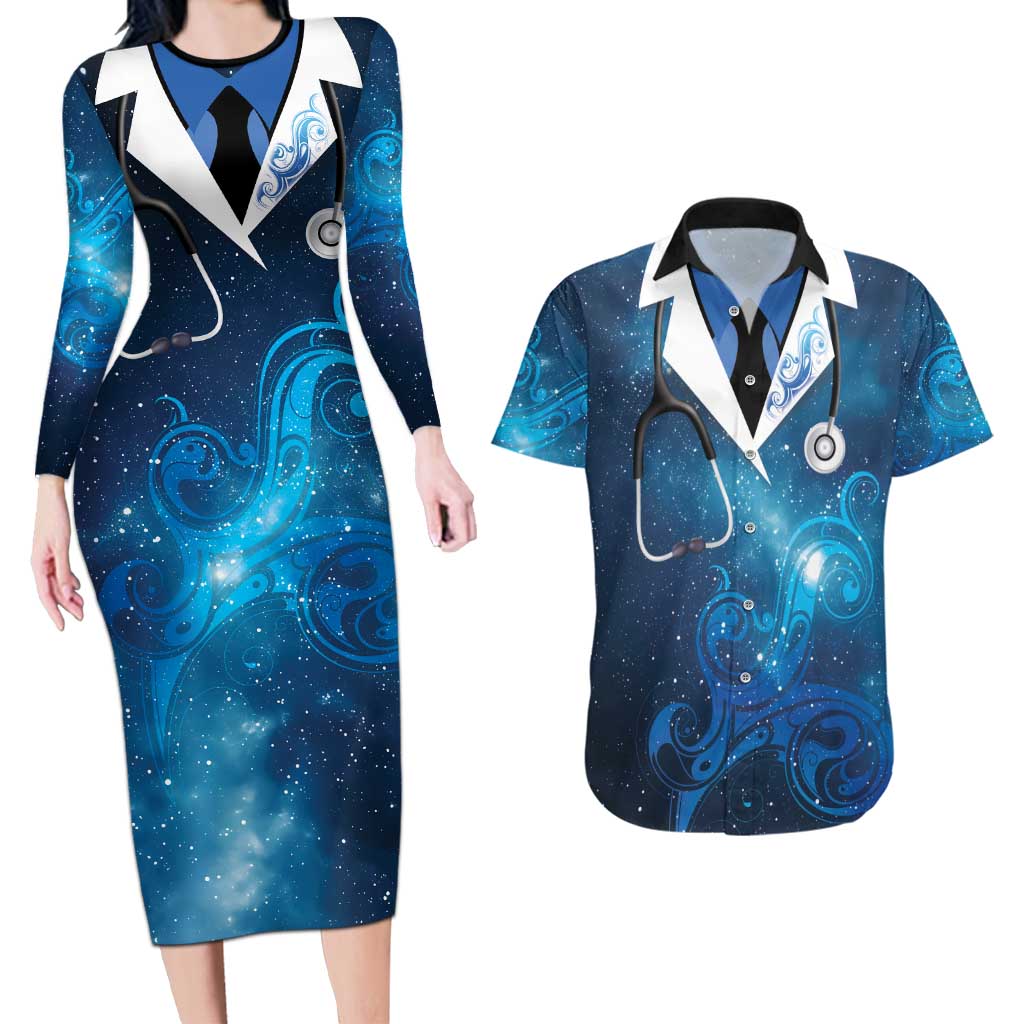 New Zealand Nurses RN Personalised Couples Matching Long Sleeve Bodycon Dress and Hawaiian Shirt Galaxy Stethoscope Maori Motif LT9 Galaxy - Polynesian Pride