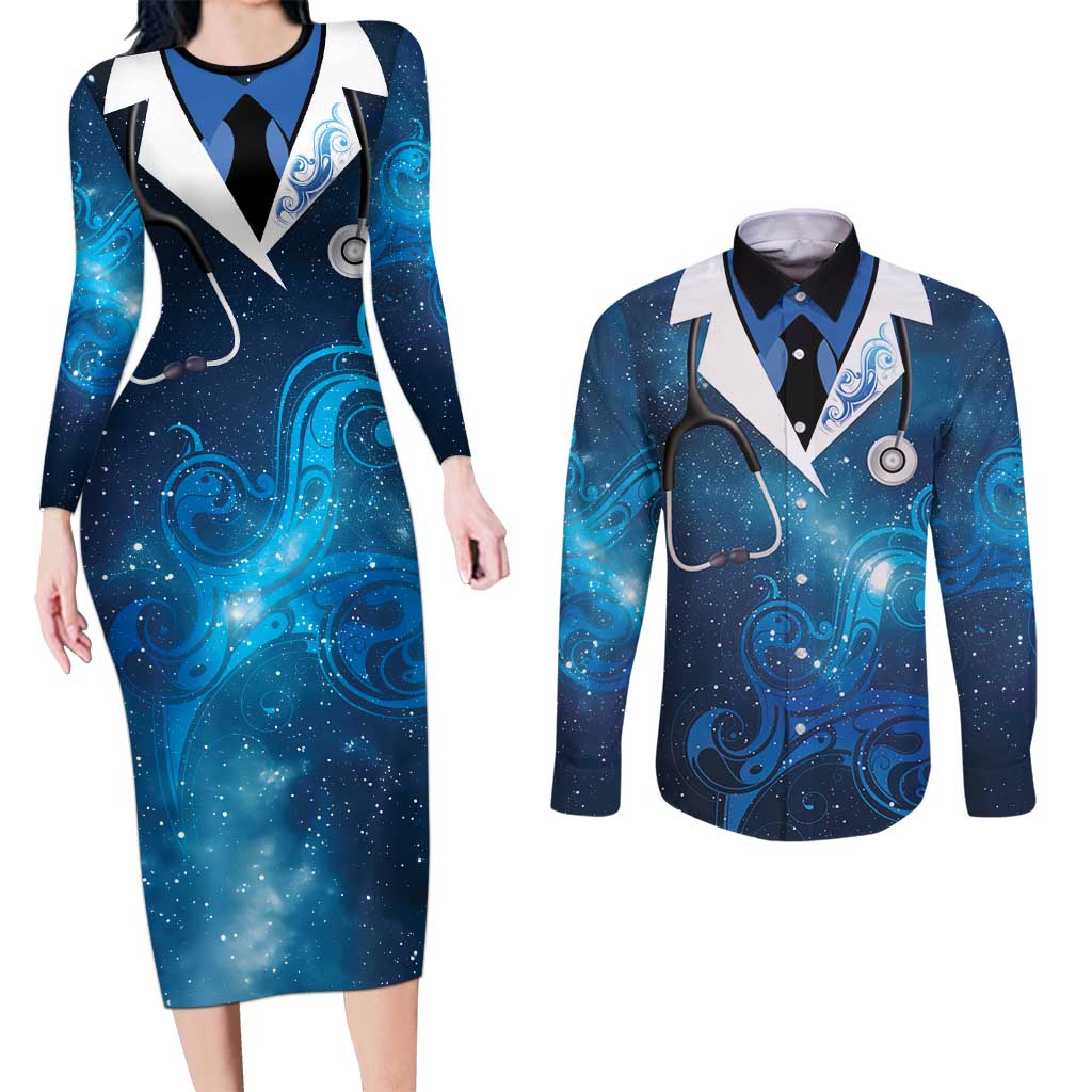 New Zealand Nurses RN Personalised Couples Matching Long Sleeve Bodycon Dress and Long Sleeve Button Shirt Galaxy Stethoscope Maori Motif LT9 Galaxy - Polynesian Pride