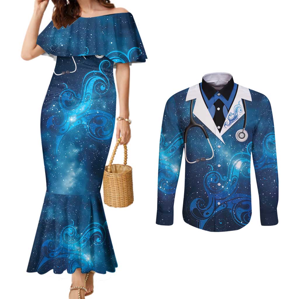 New Zealand Nurses RN Personalised Couples Matching Mermaid Dress and Long Sleeve Button Shirt Galaxy Stethoscope Maori Motif LT9 Galaxy - Polynesian Pride