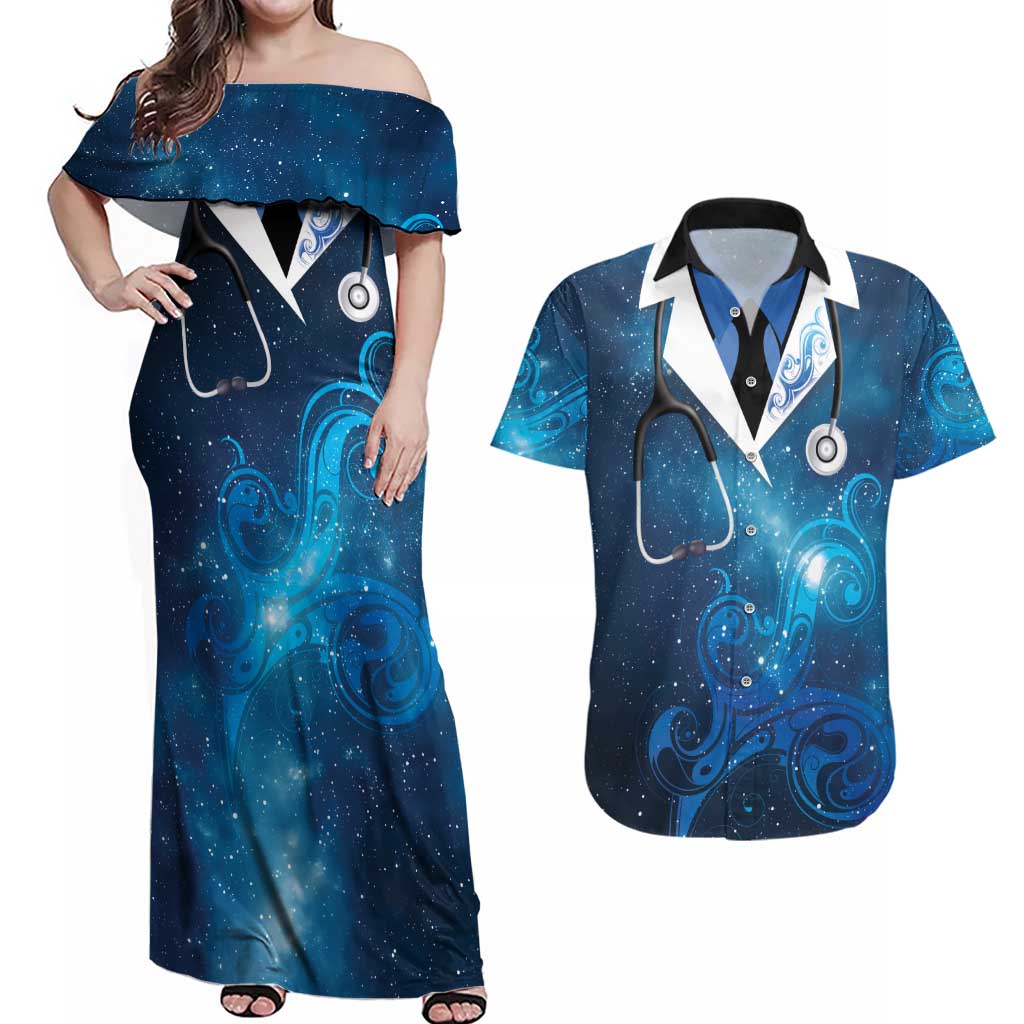 New Zealand Nurses RN Personalised Couples Matching Off Shoulder Maxi Dress and Hawaiian Shirt Galaxy Stethoscope Maori Motif