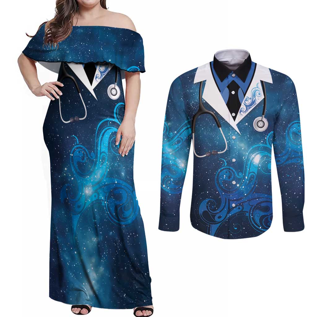 New Zealand Nurses RN Personalised Couples Matching Off Shoulder Maxi Dress and Long Sleeve Button Shirt Galaxy Stethoscope Maori Motif LT9 Galaxy - Polynesian Pride