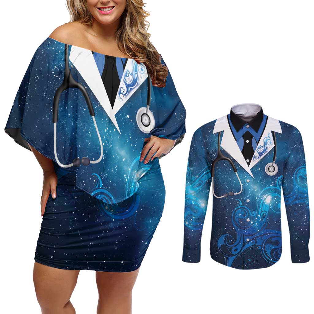 New Zealand Nurses RN Personalised Couples Matching Off Shoulder Short Dress and Long Sleeve Button Shirt Galaxy Stethoscope Maori Motif LT9 Galaxy - Polynesian Pride