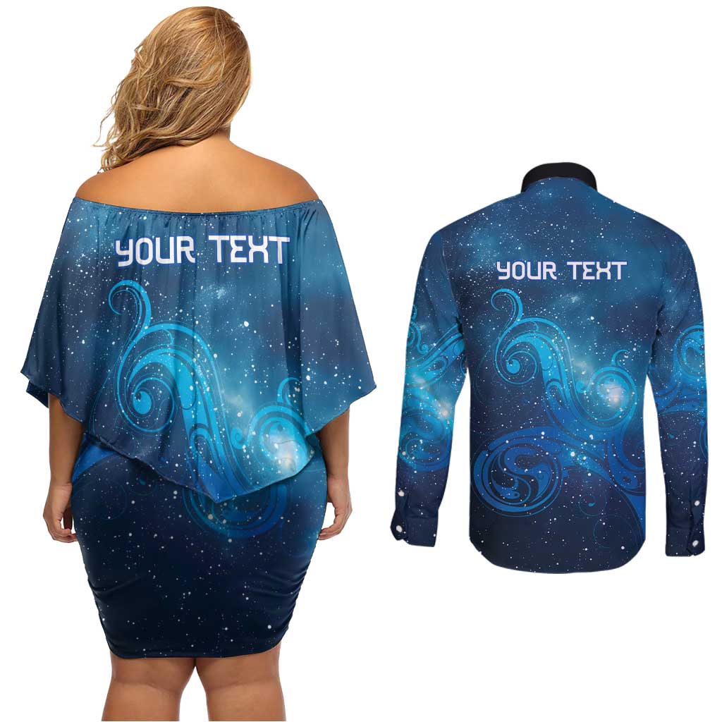 New Zealand Nurses RN Personalised Couples Matching Off Shoulder Short Dress and Long Sleeve Button Shirt Galaxy Stethoscope Maori Motif LT9 - Polynesian Pride