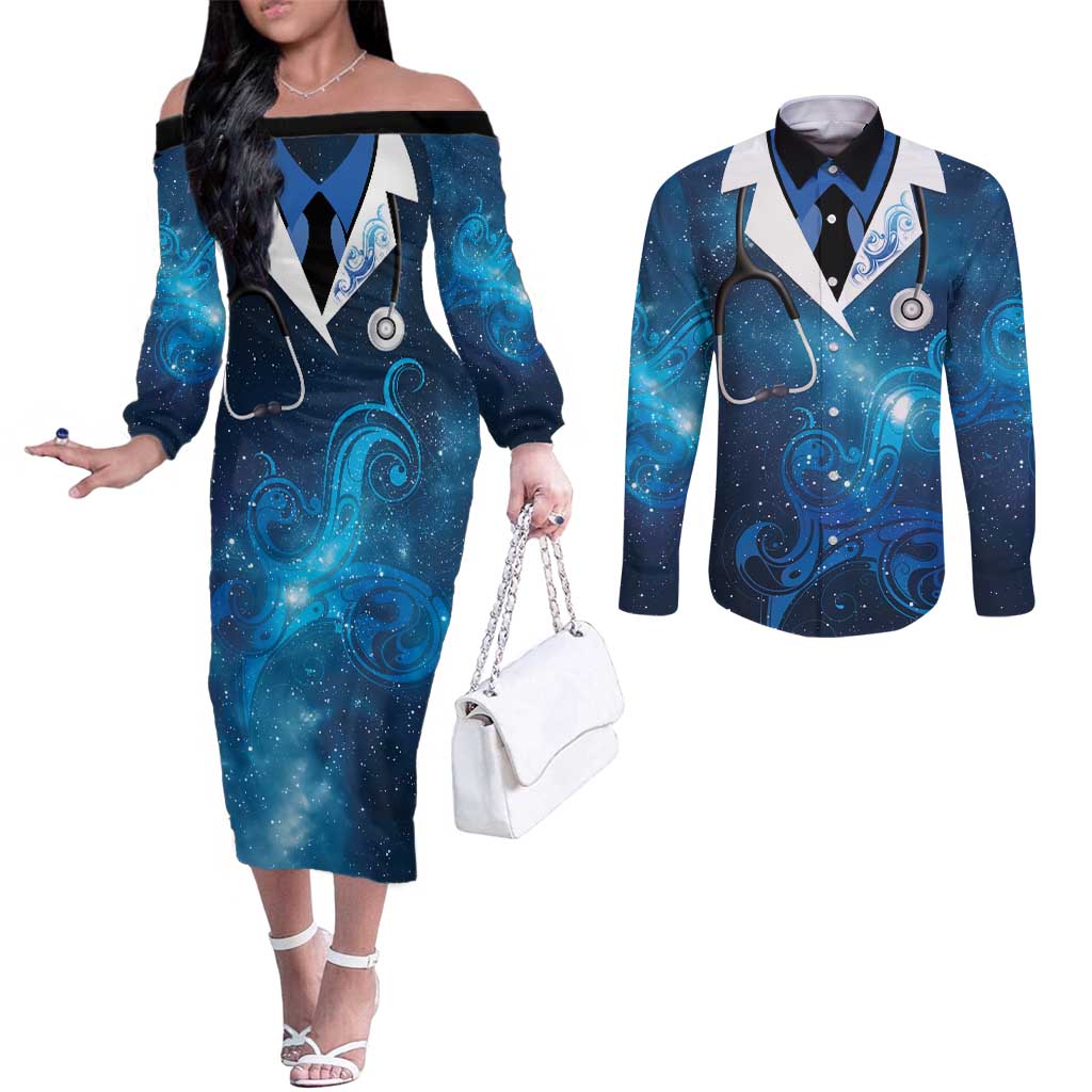 New Zealand Nurses RN Personalised Couples Matching Off The Shoulder Long Sleeve Dress and Long Sleeve Button Shirt Galaxy Stethoscope Maori Motif LT9 Galaxy - Polynesian Pride