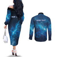 New Zealand Nurses RN Personalised Couples Matching Off The Shoulder Long Sleeve Dress and Long Sleeve Button Shirt Galaxy Stethoscope Maori Motif LT9 - Polynesian Pride