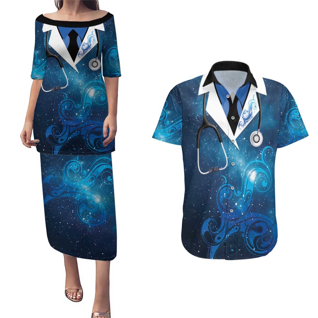 New Zealand Nurses RN Personalised Couples Matching Puletasi and Hawaiian Shirt Galaxy Stethoscope Maori Motif LT9 Galaxy - Polynesian Pride