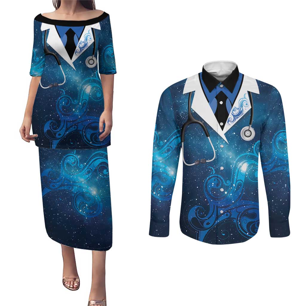 New Zealand Nurses RN Personalised Couples Matching Puletasi and Long Sleeve Button Shirt Galaxy Stethoscope Maori Motif LT9 Galaxy - Polynesian Pride