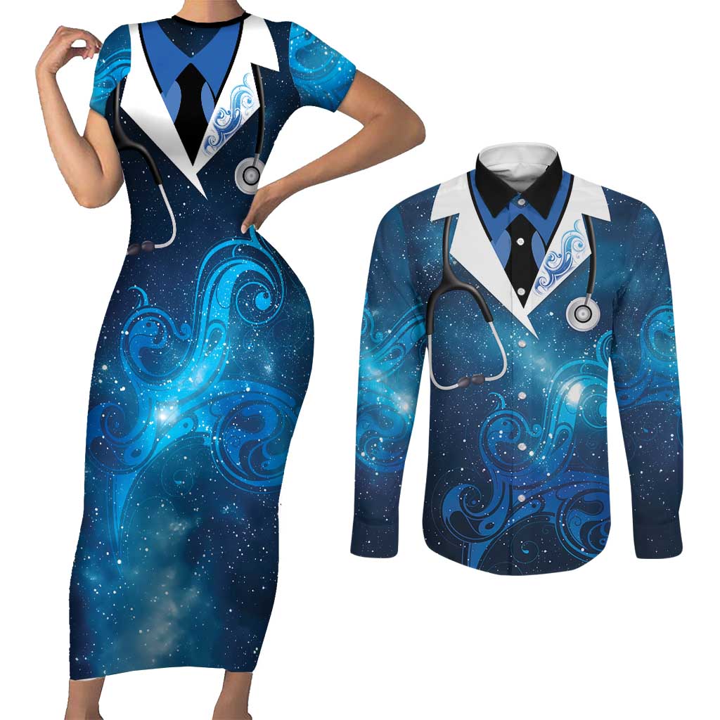 New Zealand Nurses RN Personalised Couples Matching Short Sleeve Bodycon Dress and Long Sleeve Button Shirt Galaxy Stethoscope Maori Motif LT9 Galaxy - Polynesian Pride