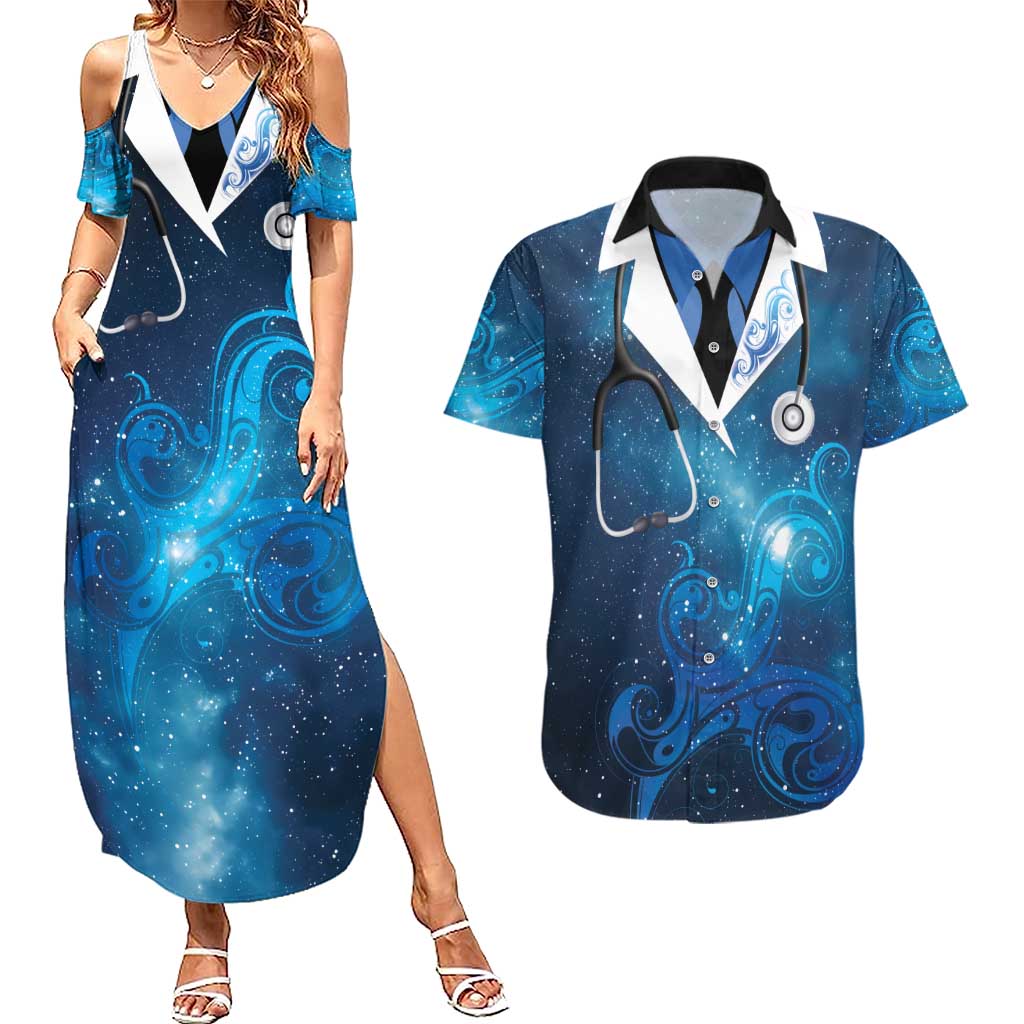 New Zealand Nurses RN Personalised Couples Matching Summer Maxi Dress and Hawaiian Shirt Galaxy Stethoscope Maori Motif LT9 Galaxy - Polynesian Pride