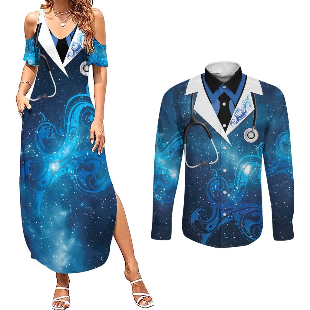 New Zealand Nurses RN Personalised Couples Matching Summer Maxi Dress and Long Sleeve Button Shirt Galaxy Stethoscope Maori Motif LT9 Galaxy - Polynesian Pride