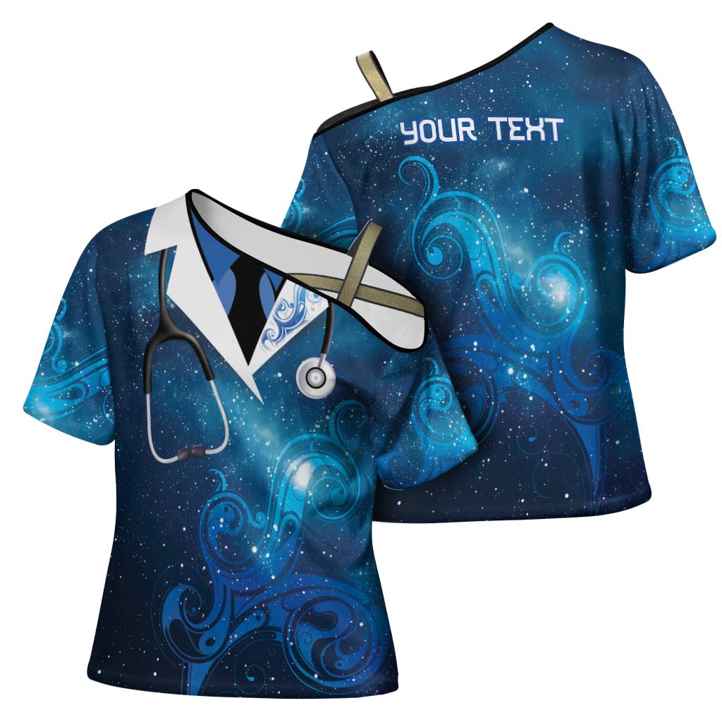New Zealand Nurses RN Personalised Cross Shoulder Shirt Galaxy Stethoscope Maori Motif