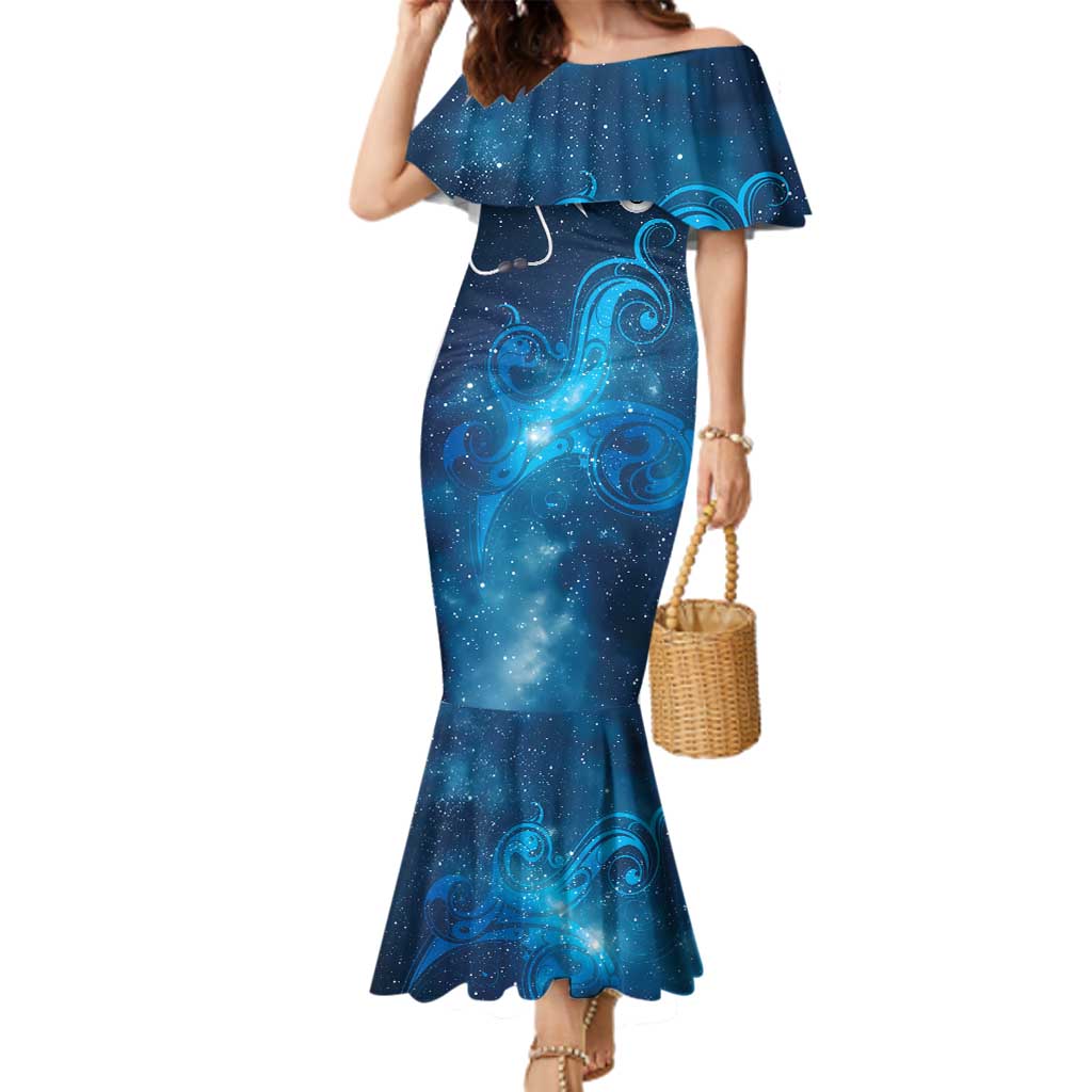 New Zealand Nurses RN Personalised Family Matching Mermaid Dress and Hawaiian Shirt Galaxy Stethoscope Maori Motif LT9 Mom's Dress Galaxy - Polynesian Pride