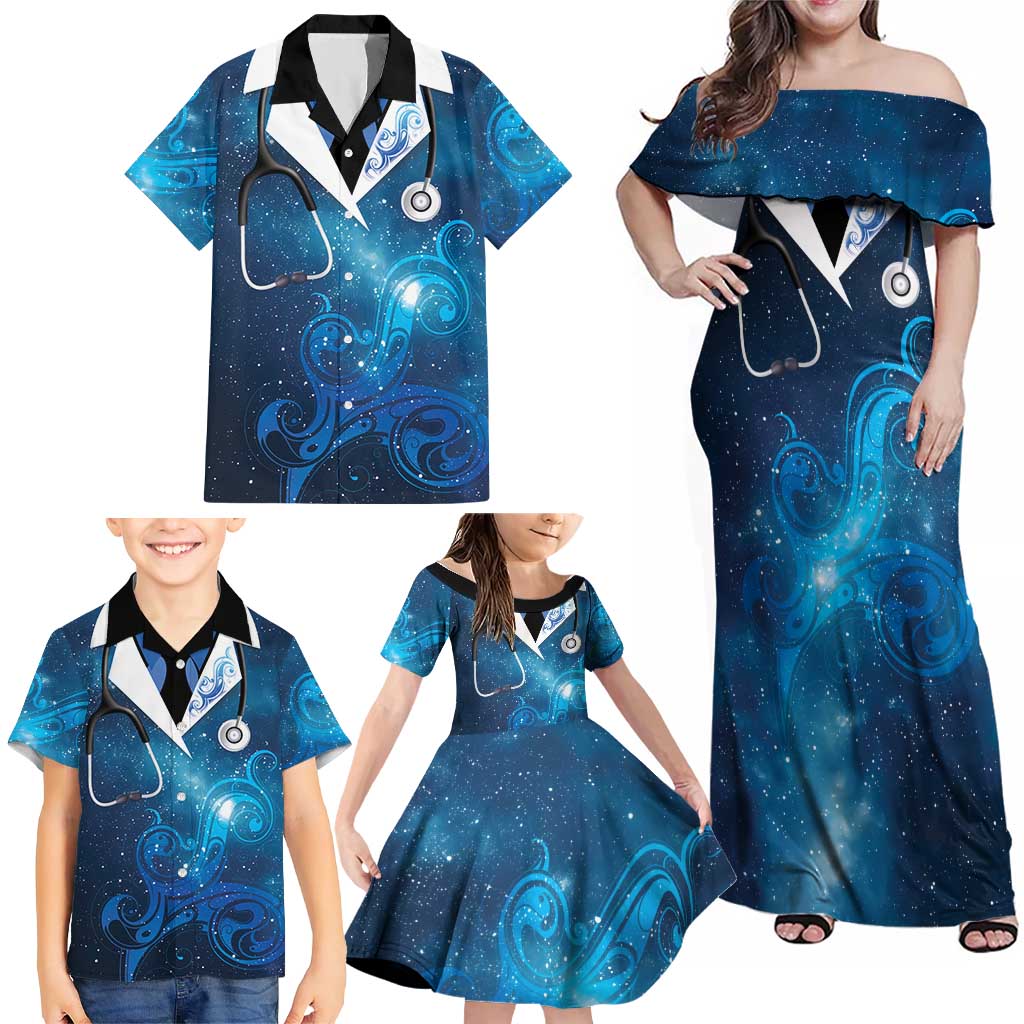 New Zealand Nurses RN Personalised Family Matching Off Shoulder Maxi Dress and Hawaiian Shirt Galaxy Stethoscope Maori Motif LT9 - Polynesian Pride