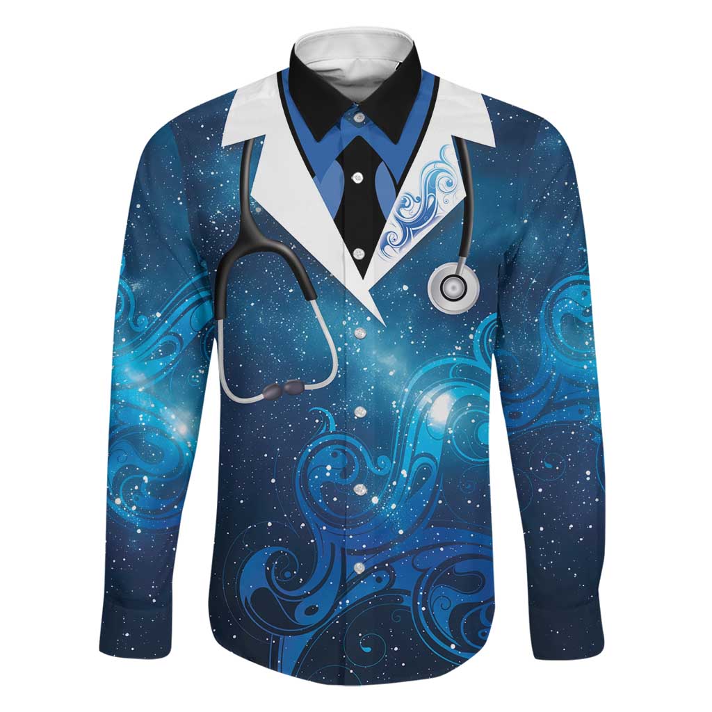 New Zealand Nurses RN Personalised Family Matching Off Shoulder Maxi Dress and Hawaiian Shirt Galaxy Stethoscope Maori Motif LT9 Dad's Shirt - Long Sleeve Galaxy - Polynesian Pride