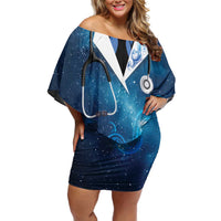 New Zealand Nurses RN Personalised Family Matching Off Shoulder Short Dress and Hawaiian Shirt Galaxy Stethoscope Maori Motif LT9 Mom's Dress Galaxy - Polynesian Pride