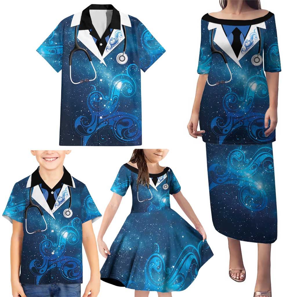 New Zealand Nurses RN Personalised Family Matching Puletasi and Hawaiian Shirt Galaxy Stethoscope Maori Motif