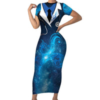 New Zealand Nurses RN Personalised Family Matching Short Sleeve Bodycon Dress and Hawaiian Shirt Galaxy Stethoscope Maori Motif LT9 Mom's Dress Galaxy - Polynesian Pride