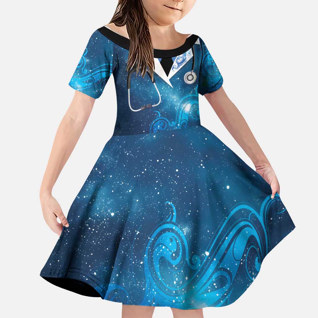 New Zealand Nurses RN Personalised Family Matching Tank Maxi Dress and Hawaiian Shirt Galaxy Stethoscope Maori Motif LT9 Daughter's Dress Galaxy - Polynesian Pride