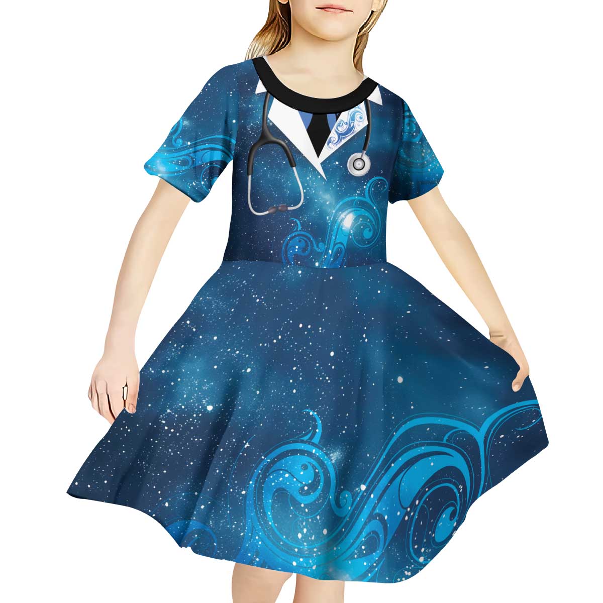 New Zealand Nurses RN Personalised Kid Short Sleeve Dress Galaxy Stethoscope Maori Motif