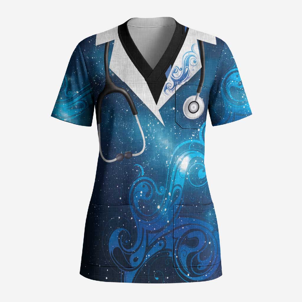 New Zealand Nurses RN Personalised Scrub Top Galaxy Stethoscope Maori Motif LT9 Adult Galaxy - Polynesian Pride