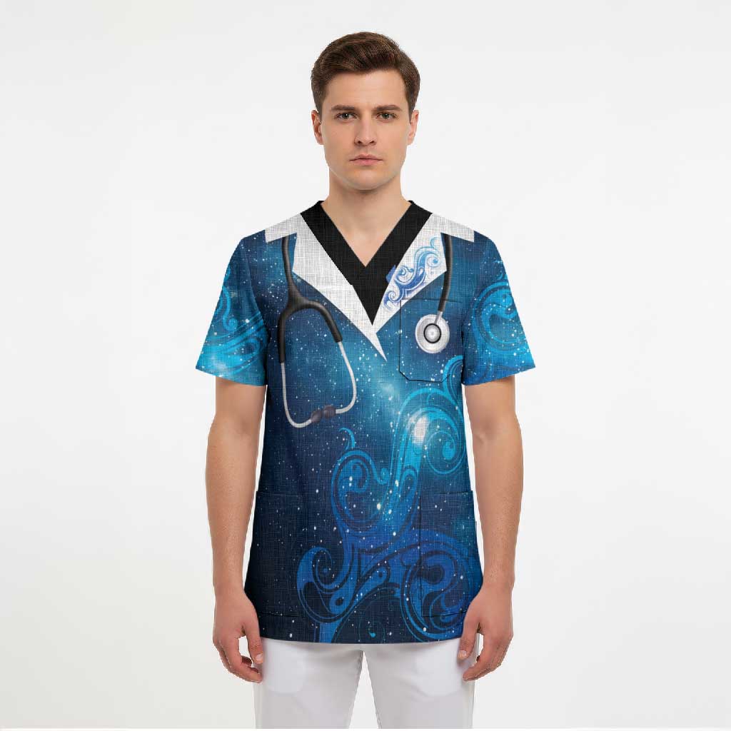 New Zealand Nurses RN Personalised Scrub Top Galaxy Stethoscope Maori Motif LT9 - Polynesian Pride