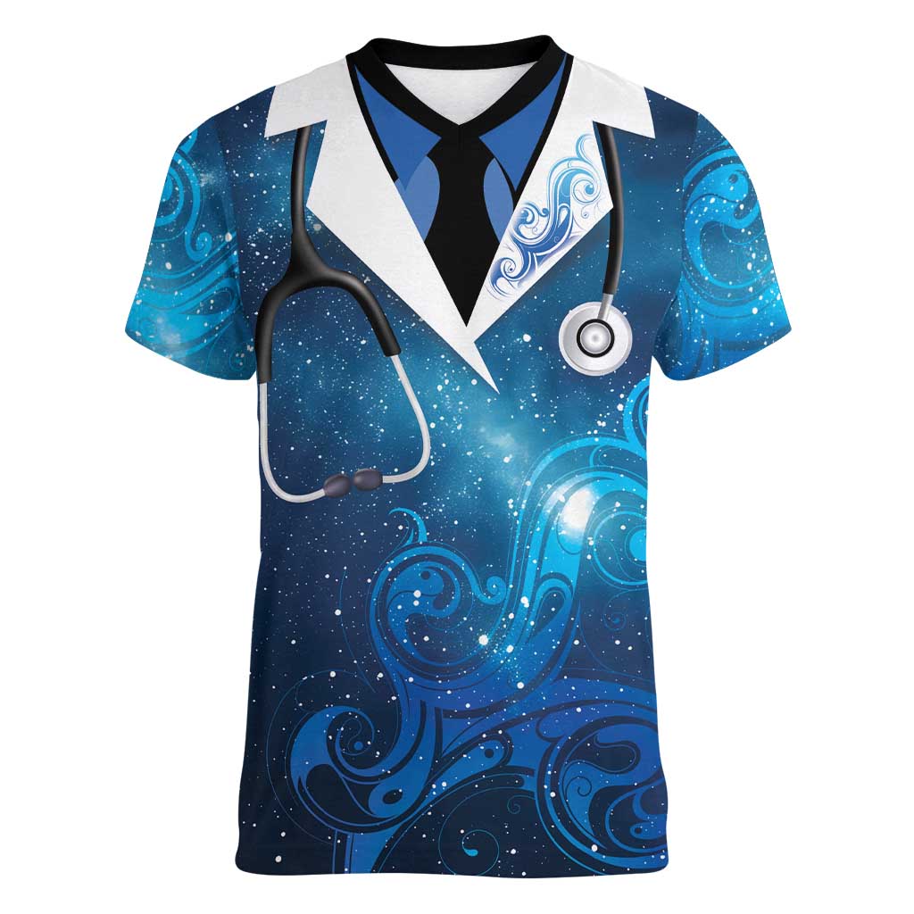 New Zealand Nurses RN Personalised Women V-Neck T-Shirt Galaxy Stethoscope Maori Motif LT9 Female Galaxy - Polynesian Pride
