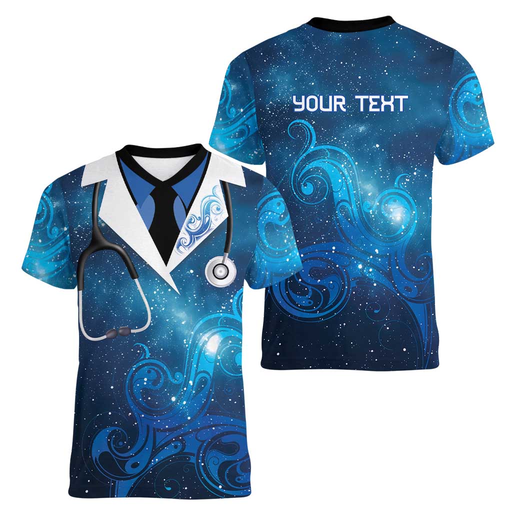 New Zealand Nurses RN Personalised Women V-Neck T-Shirt Galaxy Stethoscope Maori Motif LT9 - Polynesian Pride