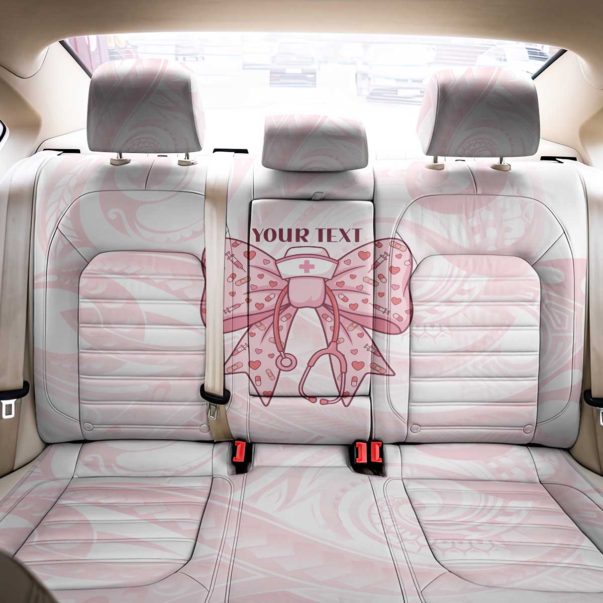 New Zealand Nurses RN Personalised Back Car Seat Cover Pink Stethoscope Coquette Bow Maori Motif LT9 - Polynesian Pride