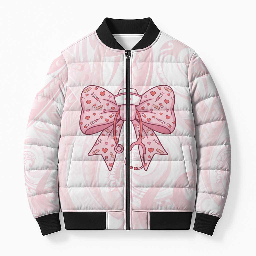 New Zealand Nurses RN Personalised Bomber Puffer Jacket Pink Stethoscope Coquette Bow Maori Motif