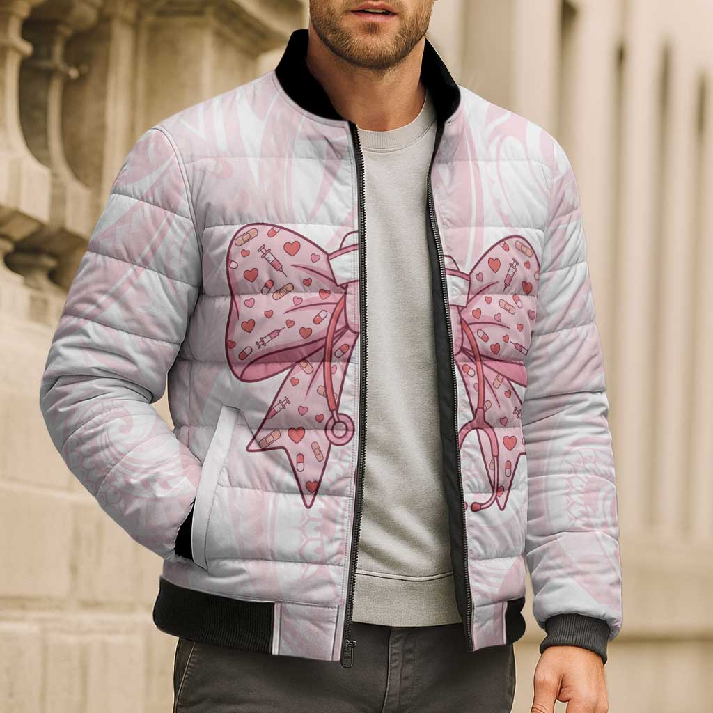 New Zealand Nurses RN Personalised Bomber Puffer Jacket Pink Stethoscope Coquette Bow Maori Motif