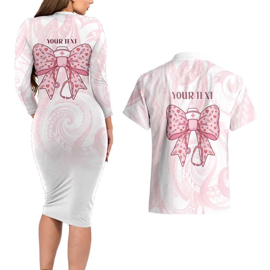 New Zealand Nurses RN Personalised Couples Matching Long Sleeve Bodycon Dress and Hawaiian Shirt Pink Stethoscope Coquette Bow Maori Motif LT9 - Polynesian Pride