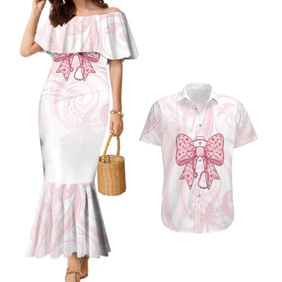 New Zealand Nurses RN Personalised Couples Matching Mermaid Dress and Hawaiian Shirt Pink Stethoscope Coquette Bow Maori Motif LT9 Pink - Polynesian Pride