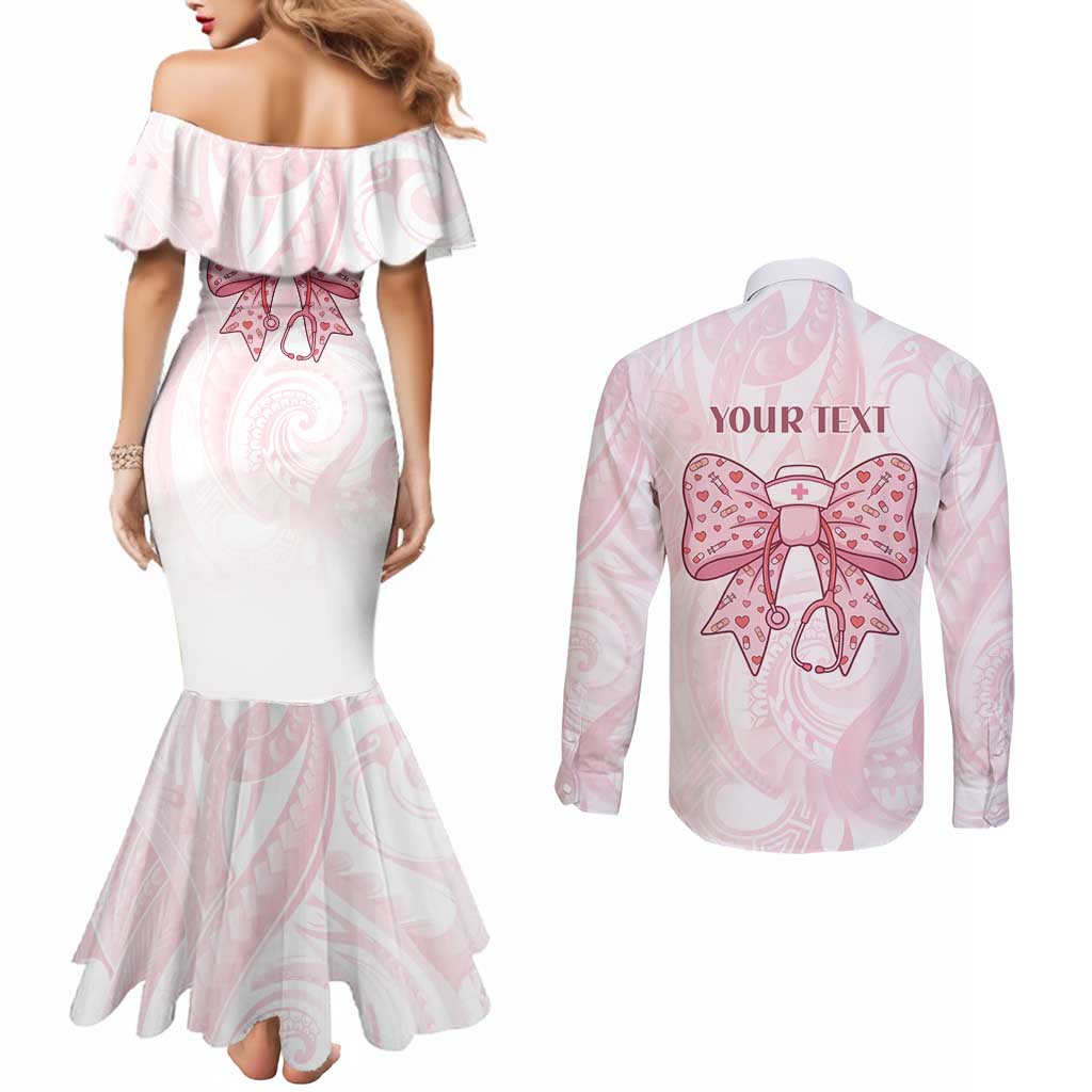 New Zealand Nurses RN Personalised Couples Matching Mermaid Dress and Long Sleeve Button Shirt Pink Stethoscope Coquette Bow Maori Motif LT9 - Polynesian Pride